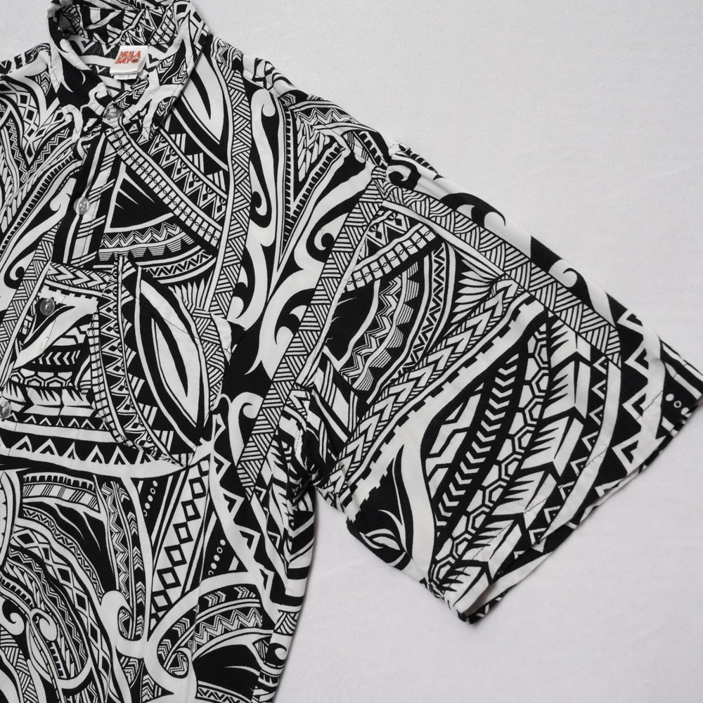 Hula Bay Aloha Shirt Mens XL Black White Polynesian Tribal Rayon Short Sleeve - Picture 10 of 16